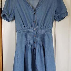 Bohme Women Chambray Denim Daylily Blue‎ Short Puff Sleeve Mini Dress S